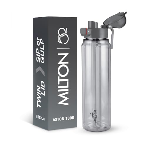 Image of MILTON Aston 1000 BPA & BPS-Free Water Bottle 1 ltr | Food-Grade Plastic | One-Click Open | Leak-Proof | Sip & Gulp Lid I Ideal for Office, School, College, Gym, Grey