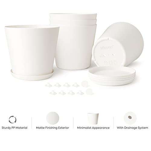 Mkono 7.5" Plastic Pots For Plants With Trays, Indoor Set Of 5 Plastic Planters Modern Flower Plant Pot With Drainage Hole For All House Plants, Herbs, Flowers, And Seeding Nursery, Cream White #TOP5