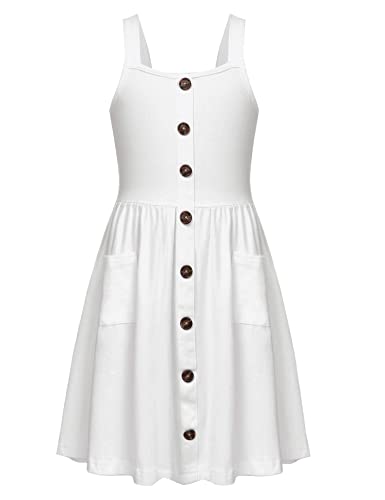 Arshiner Girl's Spaghetti Strap Button Down Midi Sleeveless Summer Casual Sundress A-line Dress with Pockets