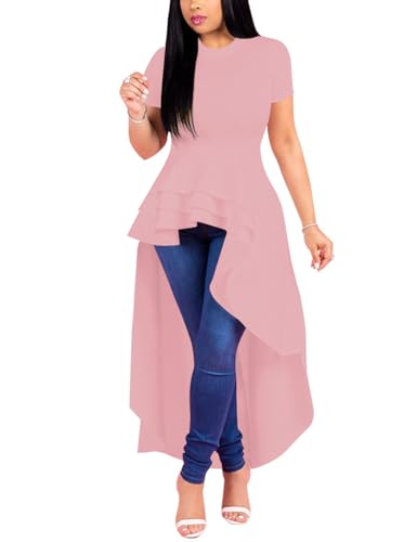 Image of Lrady Womens Casual Shirt Dress High Low Irregular Ruffle Hem Blouse Asymmetrical Peplum Long Tunic Tops