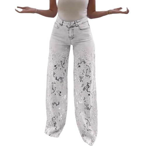 Women's Lace Patchwork Hollow Jeans, Casual Vintage Baggy Straight Wide Leg Denim Pants, Floral Hollow Out Pants
