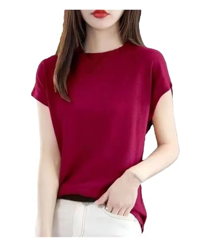 Women's Knit Ice Silk Short Sleeve Sweater Summer Thin Loose Fit T-Shirt Pullover