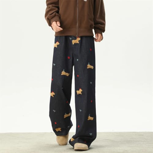 Men Baggy Embroidered Striped Sweatpants Hip Hop Jeans Streetwear Wide Leg Denim Pants Dark Blue L3