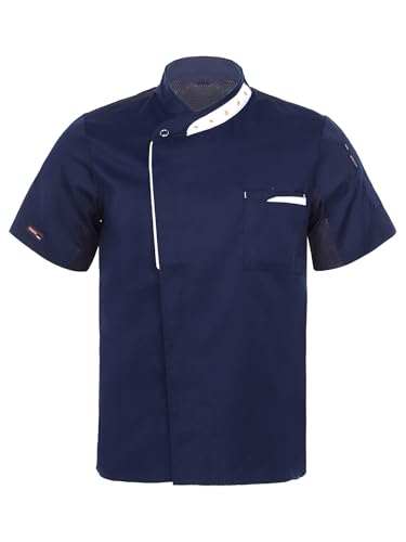 Fldy Chaqueta de cocinero para hombre y mujer, de manga corta, con malla de aire transpirable, para mujer y hombre, uniforme de cocinero, abrigo de chef con bordado, azul marino, M