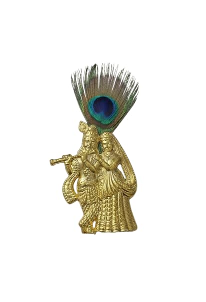 Radha Krishna Brooch with Peacock Feather – Gold Tone Religious Wedding Pagdi/Safa Pin for Groom | Traditional Sherwani Lapel Accessory | Handcrafted Radha Krishna Flute Brooch with Peacock Feather | Decorative Metal Lapel Pin for Men | Traditional Pagdi & Coat Accessory | Ethnic Jewellery for Weddings & Festivals-image-1
