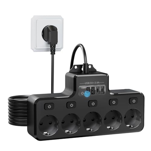 COLSTAR Steckdosenleiste mit Überspannungsschutz, 5-Fach & einzeln schaltbar, mit 2 USB-A und 2 USB-C – für Wandmontage in Küche, Büro, Wohnzimmer, 1,8 m Kabel, 4000 W / 16 A