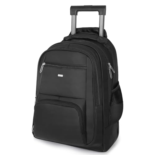 Rolling Backpack for School Teen Boys Girls,Waterproof Black Backpack with Wheels,Large Travel Backpack for Short Trips,18 inch