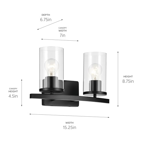 Image of Kichler Crosby 15.25 inch 2-Light Bathroom Vanity Light Fixture with Clear Glass in Black for Powder Room, Modern Wall Mount Over Mirror (15.25 inch x 8.75 inch), 45496BKCLR