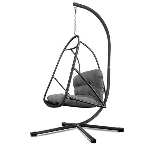 Image of JESE Swing Egg Chair Foldable Frame Hanging Chairs, UV Resistant Waterproof Cushion and Cup Holder,Swing Hammock Chairs for Patio,Bedroom,Balcony, Garden-350lbs, Stand Included, Brown