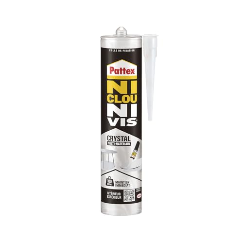 Pattex Ni Clou Ni Vis Tous Matériaux Crystal, mastic transparent multi-supports, colle de fixation de haute qualité, colle forte multi-usages, Cartouche de...