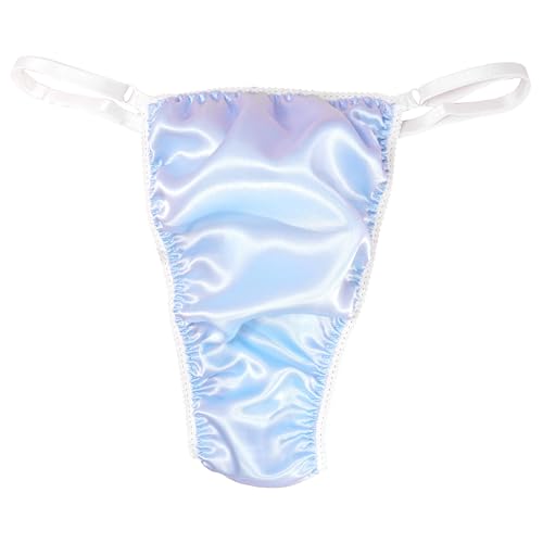 Ania's Poison Sissy Thong Panties Baby Blue Satin Shiny Triangle T-thong Adjustable Men's Thong Panties White Trim