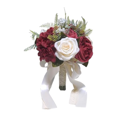Colcolo Arreglo Floral Nupcial 1, 20 cm x 23 cm, Flores Artificiales para Boda, Ramo del Novia en burdelos y Crema con follaje, Cinta del Encaje, delcoración romántica para y Fiesta.