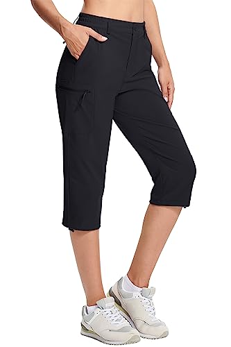 MAGCOMSEN Women's Black Capri Hiking Pants Cargo Lightweight Stretch Water Resistant Joggers with Pockets, M