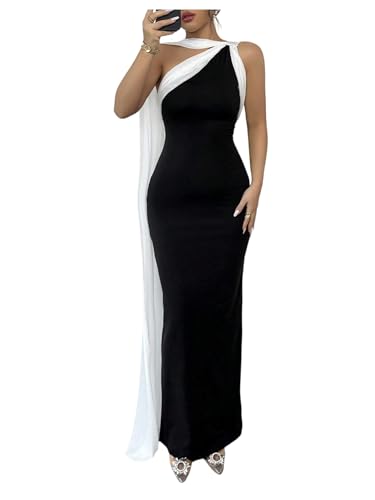 GORGLITTER Women's Formal Bodycon Maxi Evening Dress One Shoulder Sleeveless Cocktail Elegant Classy Dresses with Scarf Black and White Medium