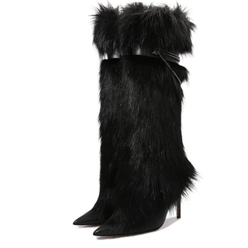 Fur Heel Boots for Women with Chain Faux Fur Pointed Toe Y2K Knee High Snow Shoes Goth Punk Going Out Fuzzy Stiletto Boots4