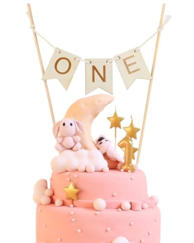 FUGLUS 1 pieza Decoración para tarta de cumpleaños hecha a mano con el texto 'One', decoración para tartas de primer cumpleaños, suministros de decoración de madera para tartas