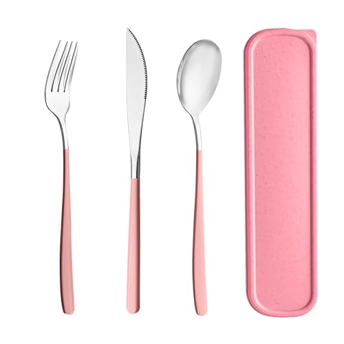 HMDZMR Travel Utensils with Case, 4pc Reusable Utensils Set with Case, Camping Utensil Set, Portable Silverware Lunch Utensils Set for Work Camping School (Pink)