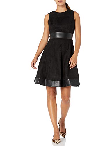 Calvin Klein Women's Round Neck Fit and Flare Dress with Faux Leather Trim, Black/Black, 6 Petite
