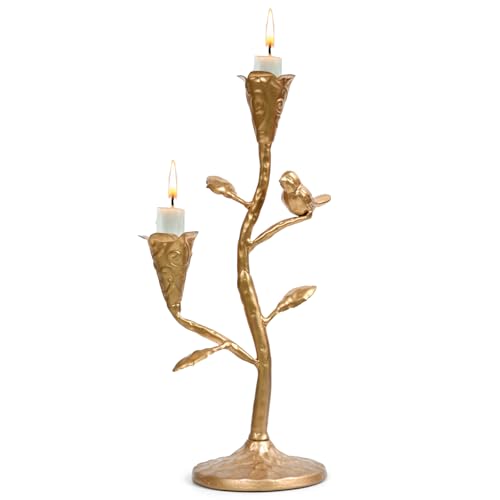 Gold Candelabra with Flowers and Bird for Farmhouse Decor, Vintage Metal Candlestick Holders for Dinner Room Table Centerpiece Decorative, Iron Candle Holder for Mantel Wedding Party Decor