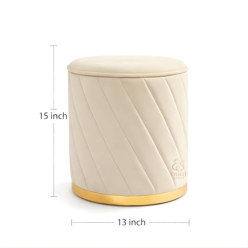 Image of Premium Velvet Ottoman Stool | Modern Round Pouffe with Gold Base | Multipurpose Seating | Living Room & Bedroom Decor (Cream Set of 2)