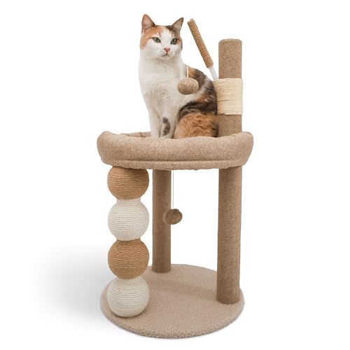 LINUMA® Tiragraffi per gatti beige – albero stabile con cuccia e piattaforme – tiragraffi moderno per gatti grandi e piccoli da interno