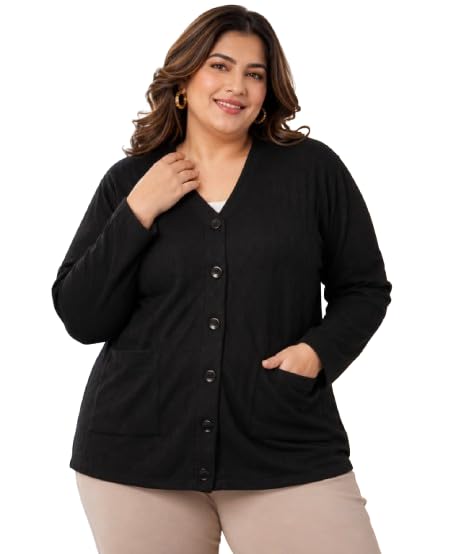 Women's Plus Size Button Front Cardigan Sweater with Pockets, V-Neck Long Sleeve Knit Cardigan-image-41