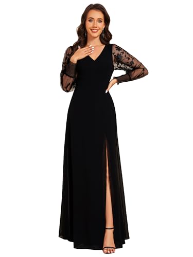 Ever-Pretty Women's Elegant V Neck Floral Sheer Long Sleeves Slit Chiffon Maxi Evening Dresses 02251
