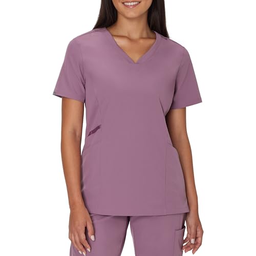 Hanes Women's Healthcare Top, Moisture-Wicking Stretch Scrub Shirts, Ribbed Side Panels, Purple Mauve, Small