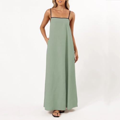 Image of Senllen Women's Linen Dress Summer Loose Flowy Sundress Contrast Spaghetti Strap Sleeveless Backless Beach Maxi Long Dresses
