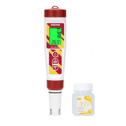 GIDIGI Medidor de ph digital medidor ORP de agua potable, medidor de salinidad para piscina, 6 en 1 sal ph TDS EC ORP test agua acuario con solución calibración ORP 222mV, medidor EC para hidroponía