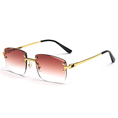 Image of Gradient Lens Metal Sunglasses Rimless Square Blue UV400 Brown Women Frameless