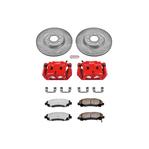 Image of PowerStop Front and Rear Brake Kit for Audi A3 2010-13 |A3 Quattro 2010-13 |Volkswagen Beetle 2012 - Carbon-Fiber Ceramic Brake Pads + Drilled & Slotted Rotors + Red Powder Coated Calipers, KC5801