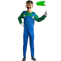 Colamondeek Super Brothers Costume For Kids Plumber Outfit With Hat Mustache Gloves Accessory Green Medium