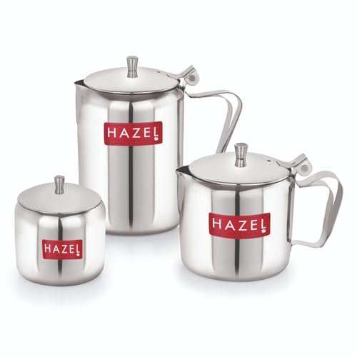 Image of HAZEL Stainless Steel Tea Coffee Sugar Serving Pot with Handle & Lid | Strong and Sturdy, Spill Proof Pouring, Set of 3 | Perfect for Diwali Festival Celebrations