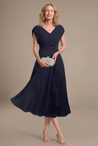 Chiffon Mother of The Bride Dresses Cap Sleeves Pleated Formal Evening Dress Hi0073