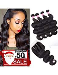 9A Remy Brazilian Virgin Body Wave Hair 4 Bundles with Closure (20 22 24 26+18 Three Part,Natural Black) Unprocessed Human Hair Weave Bundles with 4X4 Lace Closure Brazilian Body Wave