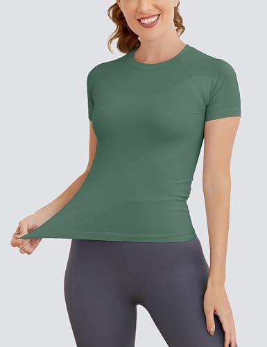 Image of MathCat Short Sleeve Workout Tops for Women, Seamless Women's Compression Shirt, Yoga Running Athletic Shirts Soft Gym Tops