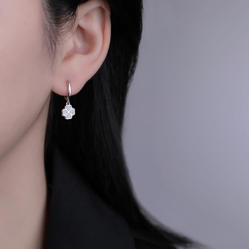 SLUYNZ 925 Sterling Silver CZ Clover Hoop Earrings Dangle for Women Teens Lucky Clover Leaf Huggie Earrings Flower Drop3