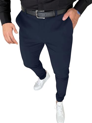 PLEPAN Calça social masculina elástica slim fit casual calça de golfe com cintura expansível, Azul escuro, G