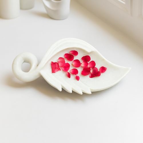Image of Marble Urli Bowl for Decoration | Big Potpourri Decorative Bowls in Home decor | Large White Floating Flower Plates of Stone | Small Shape puja Item | (14 inch, Flame)