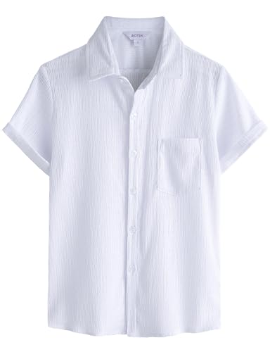 AOTIK Boys Casual Button Dwon Shirt Short Sleeve Fashion Button Up Shirt with Pocket 8 Pure White