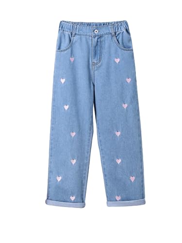 Floerns Girl's Heart Print Denim Pants Cropped Jeans Kids Baggy Straight Leg Jean