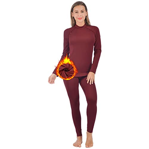 Qualidyne Women’s Thermal Underwear Ultra-Soft Base Layer Long Johns Set Winter Sports Top And Bottom Suits Wine Red #TOP12