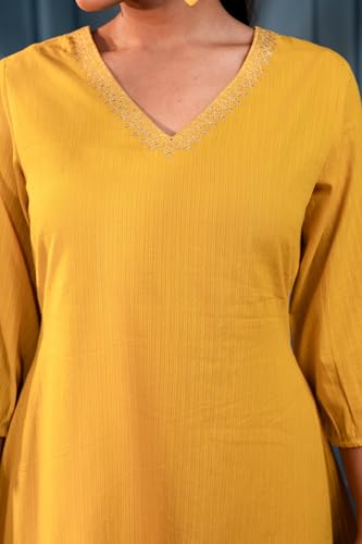 Image of Women's Mustard Striped Cotton Kurta & Pants Co-ord Set with Zari Work