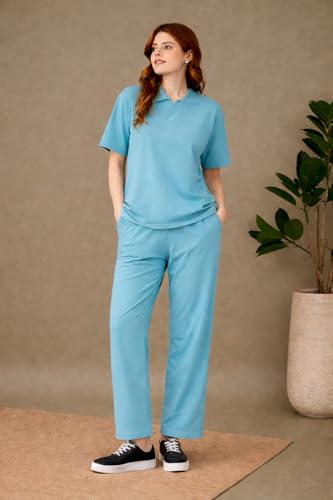 Image of Kvetoo Women Solid Tracksuit Set Cotton Lounge Wear Set Half Sleeve Polo T-Shirt & Straight Pant Casual Travel Outfit