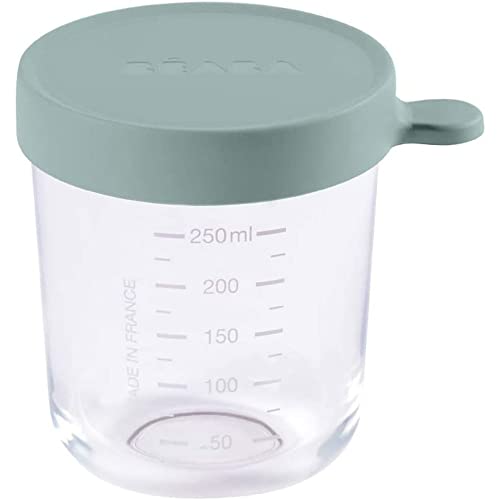 BÉABA, Portion Conservation Repas Bébé/Verre Extra Résistant, Made in France, 100% Hermétique, Résiste à la chaleur et Choc thermique, Congélation, Stérilisation, Graduation, 250 ml, Eucalyptus Green