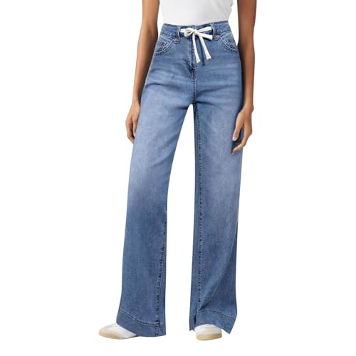 Women's Wide Leg Jeans Trendy High Waisted Stretchy Straight Leg Baggy Jeans Drawstring Denim Pants with Pockets2