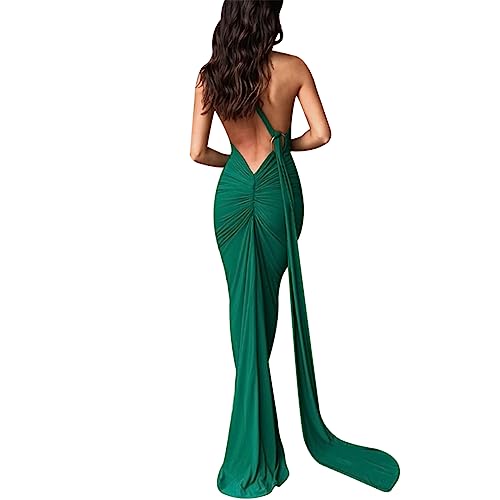 Image of Suillty Women's Sexy Oblique Shoulder Backless Maxi Dress Ruched Back Strap Sleeveless Party Club Long Dresses Bodycon
