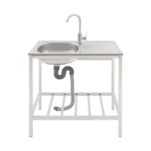 Czyurachel Fregadero independiente 75 x 40 x 75 cm, lavabo de jardín, fregadero con grifo, tuberías de entrada y desagüe, color plata