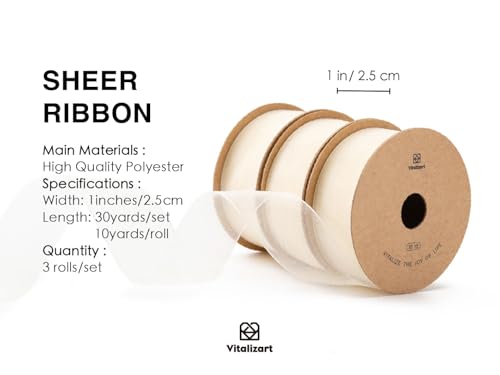 Vitalizart Ivory Cream White Organza Ribbon, 1'' x 30YD (3 Rolls*10YD) - Image 2